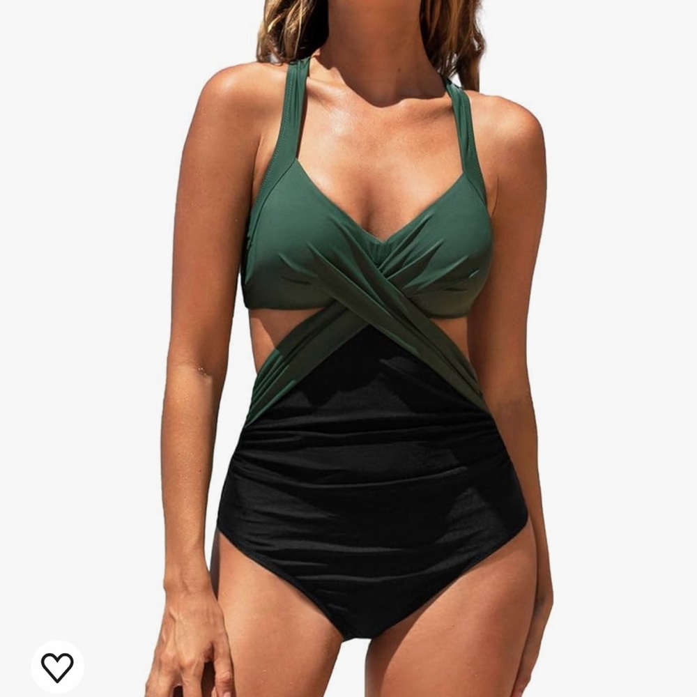 Cupshe Swimsuit Womens Size XL Green One-Piece Plunging Neck Monokini Push Up
